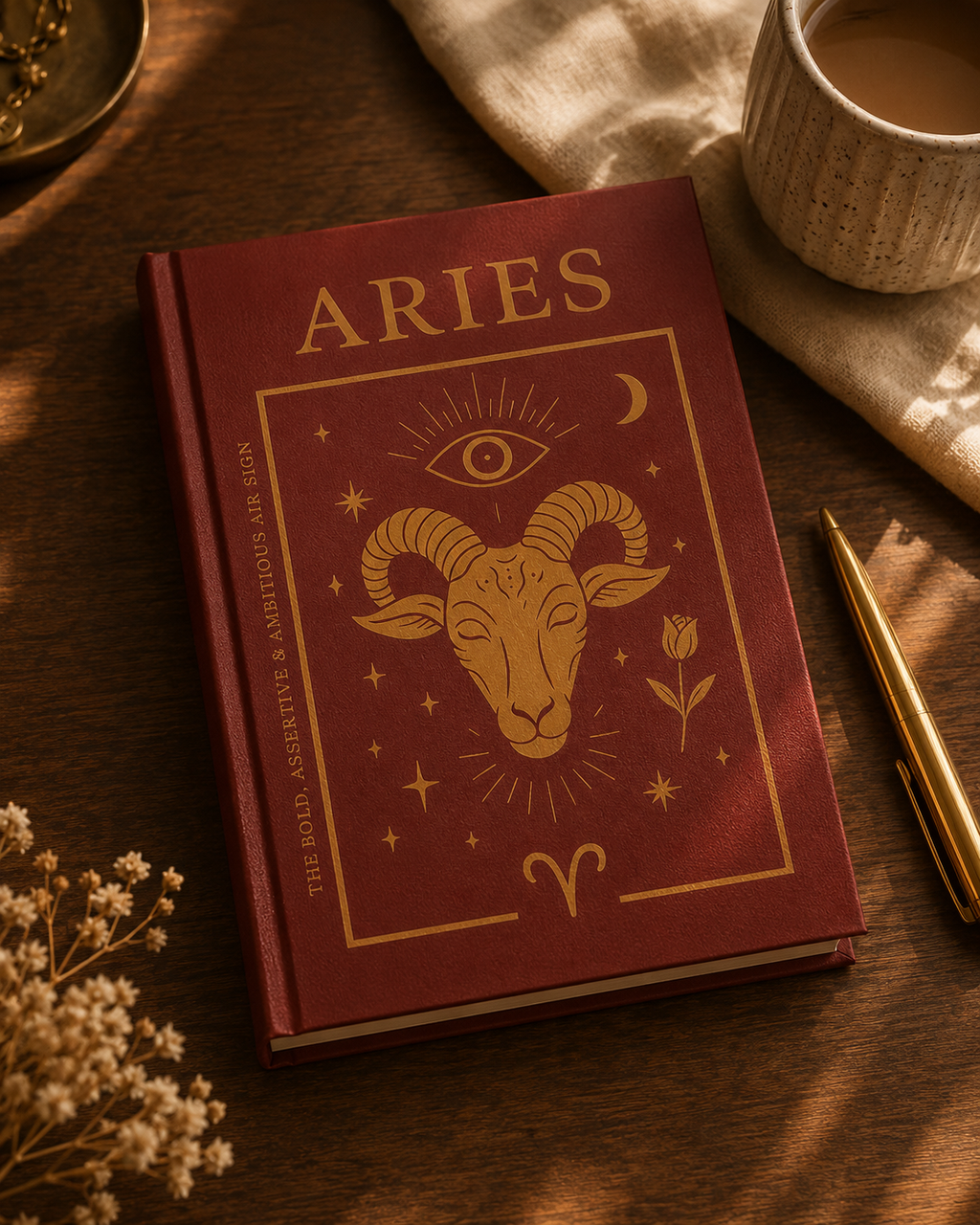 Red book titled 'ARIES' with astrological design on a wooden table with a cup and pen.