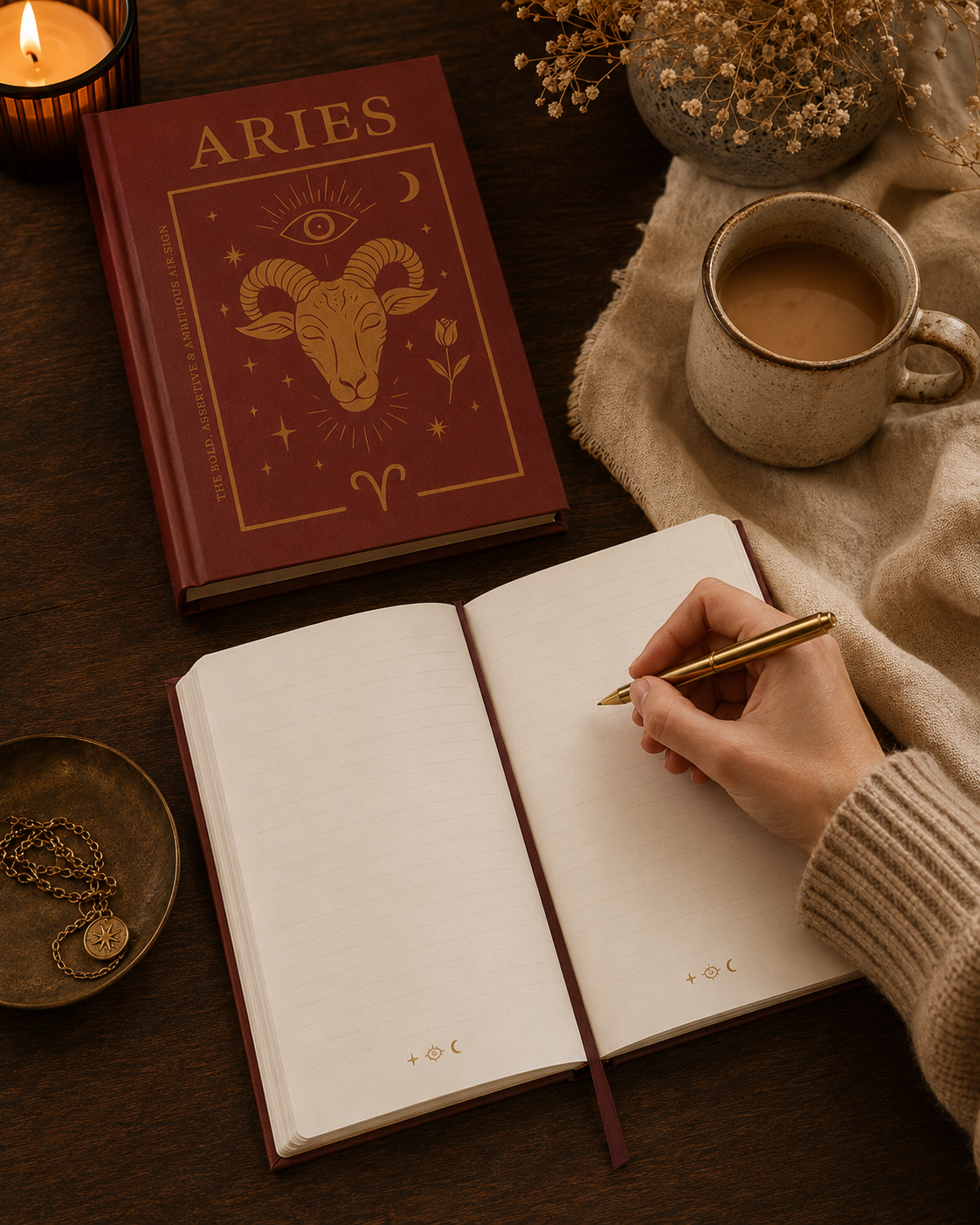 Open notebook with a hand holding a pen, next to a book titled 'Aries' and a cup of coffee on a wooden surface.