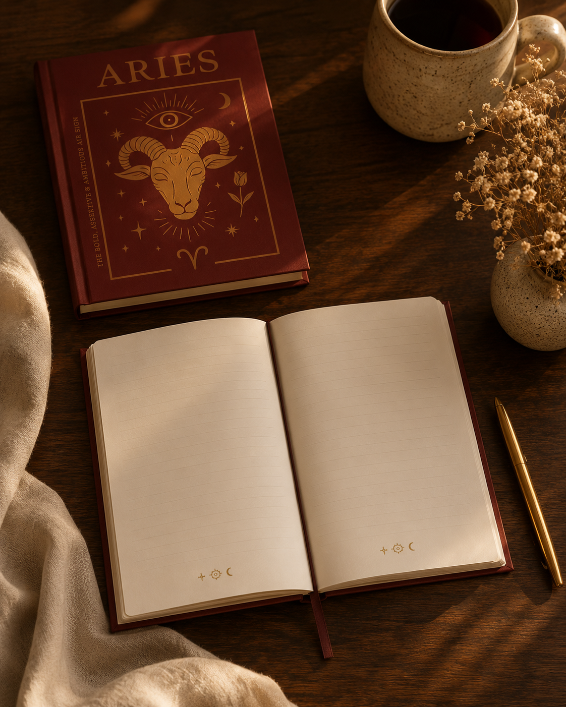 Open notebook with Aries zodiac sign book and cup of coffee on a wooden table