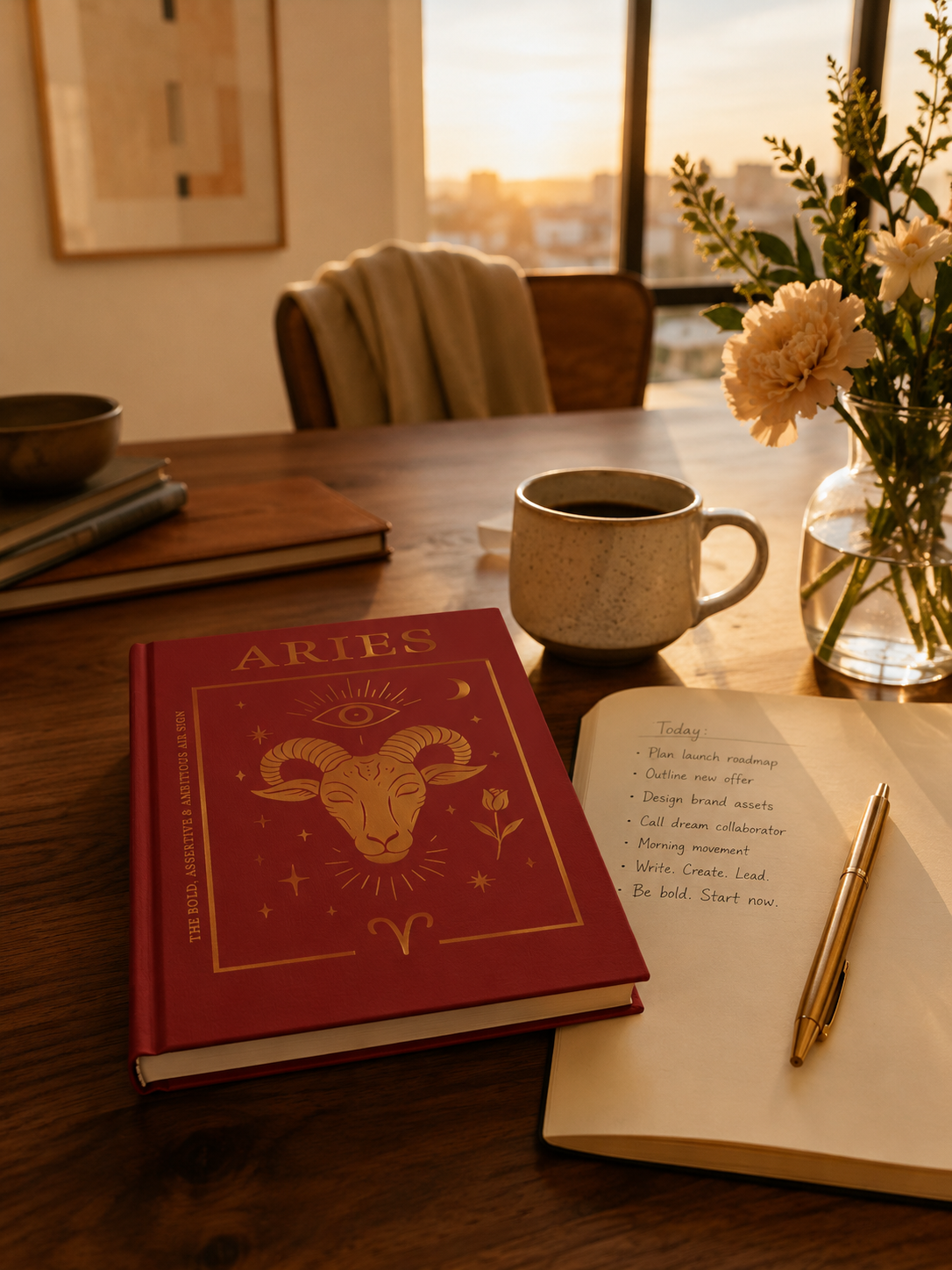 Red book titled 'Aries' on a wooden table with a cup of coffee, pen, and notebook.