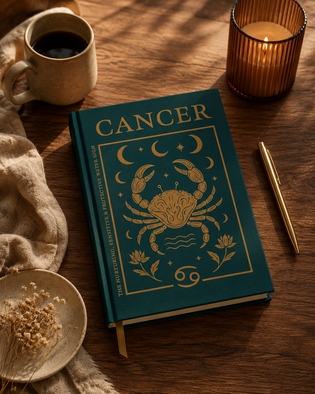 Book titled 'Cancer' with astrological design on a wooden table with a cup of coffee and candle.