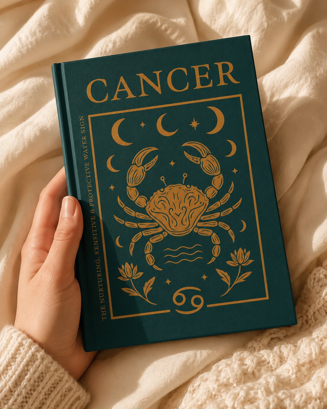 Book titled 'Cancer' with a crab illustration on a textured surface