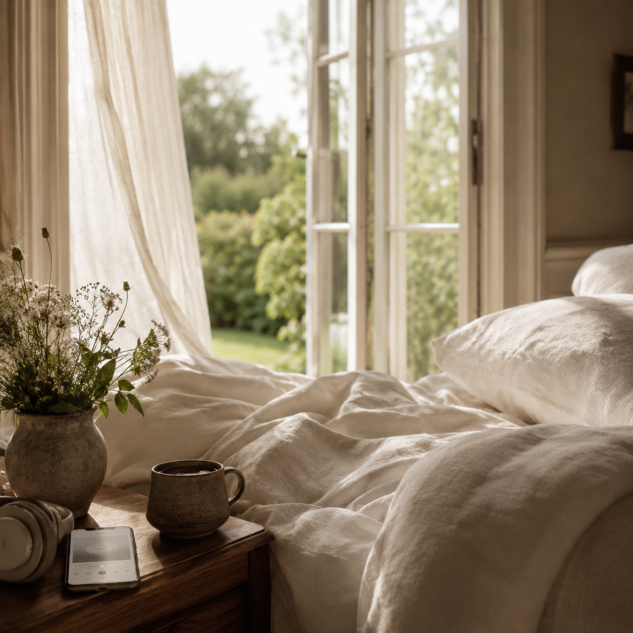Relaxing bedroom scene with a bed, nightstand, and open window.