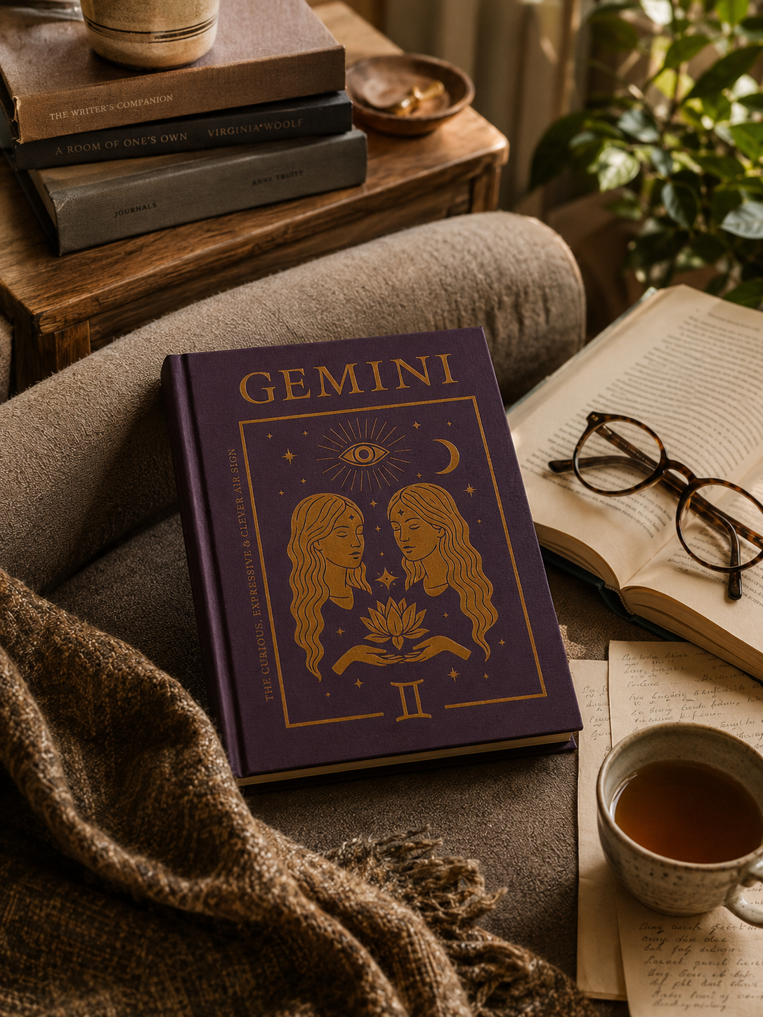 Book titled 'Gemini' on a couch with a cup of tea, glasses, and books in the background.