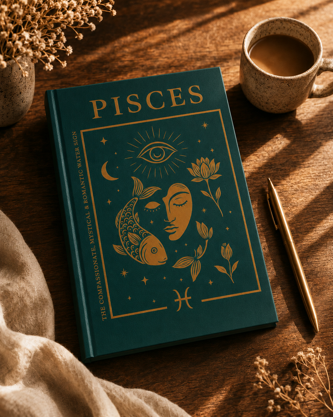 Book titled 'Pisces' on a wooden surface with a cup of coffee and pen.