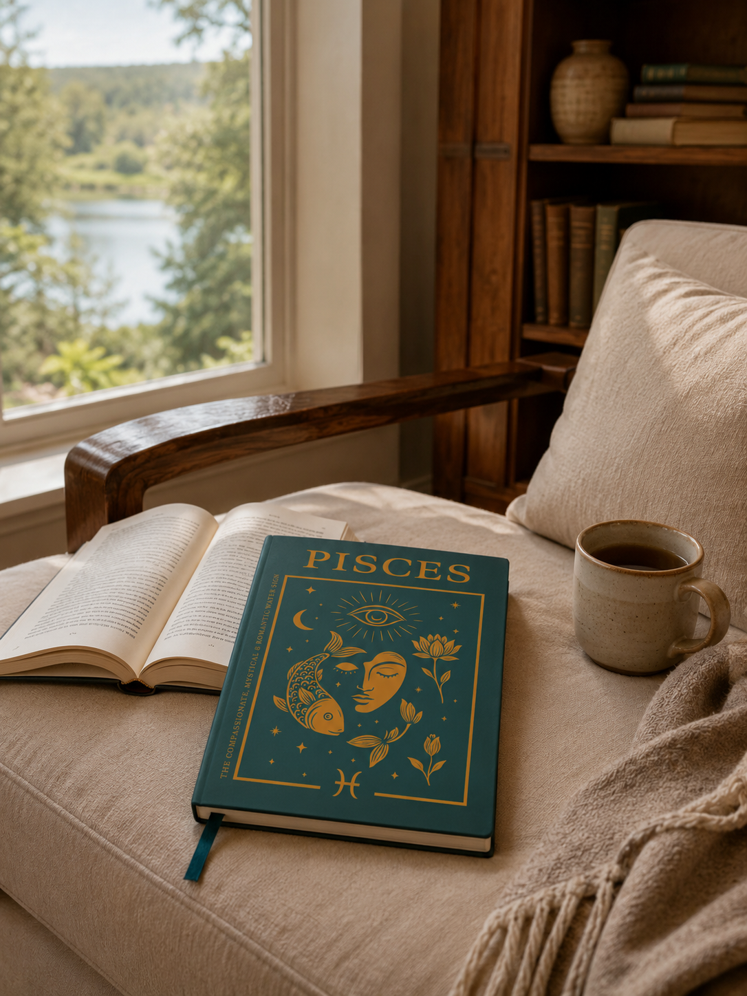 Open book with 'Pisces' on a couch next to a cup of coffee, with a scenic view outside the window.