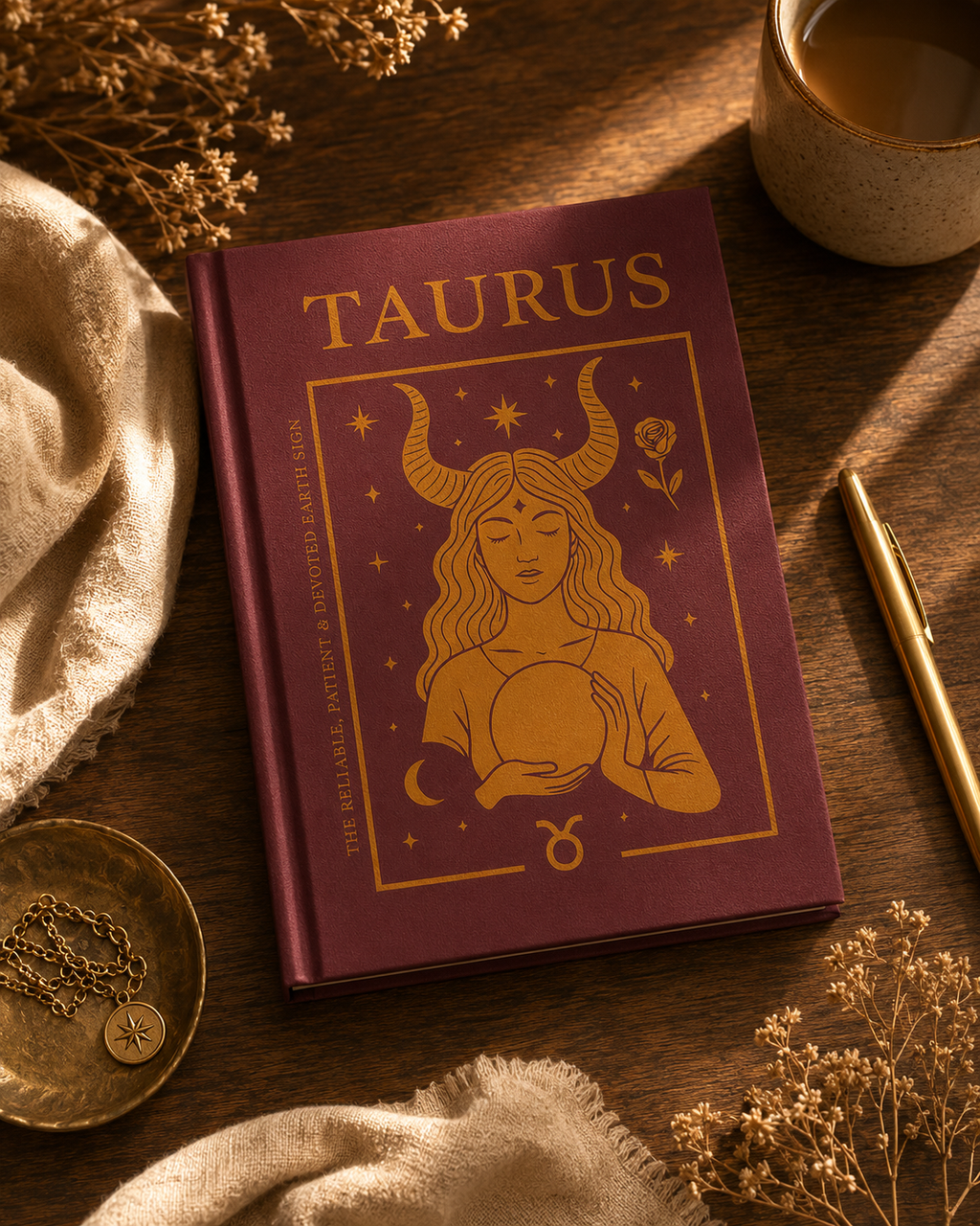 Book titled 'Taurus' on a wooden surface with decorative elements.