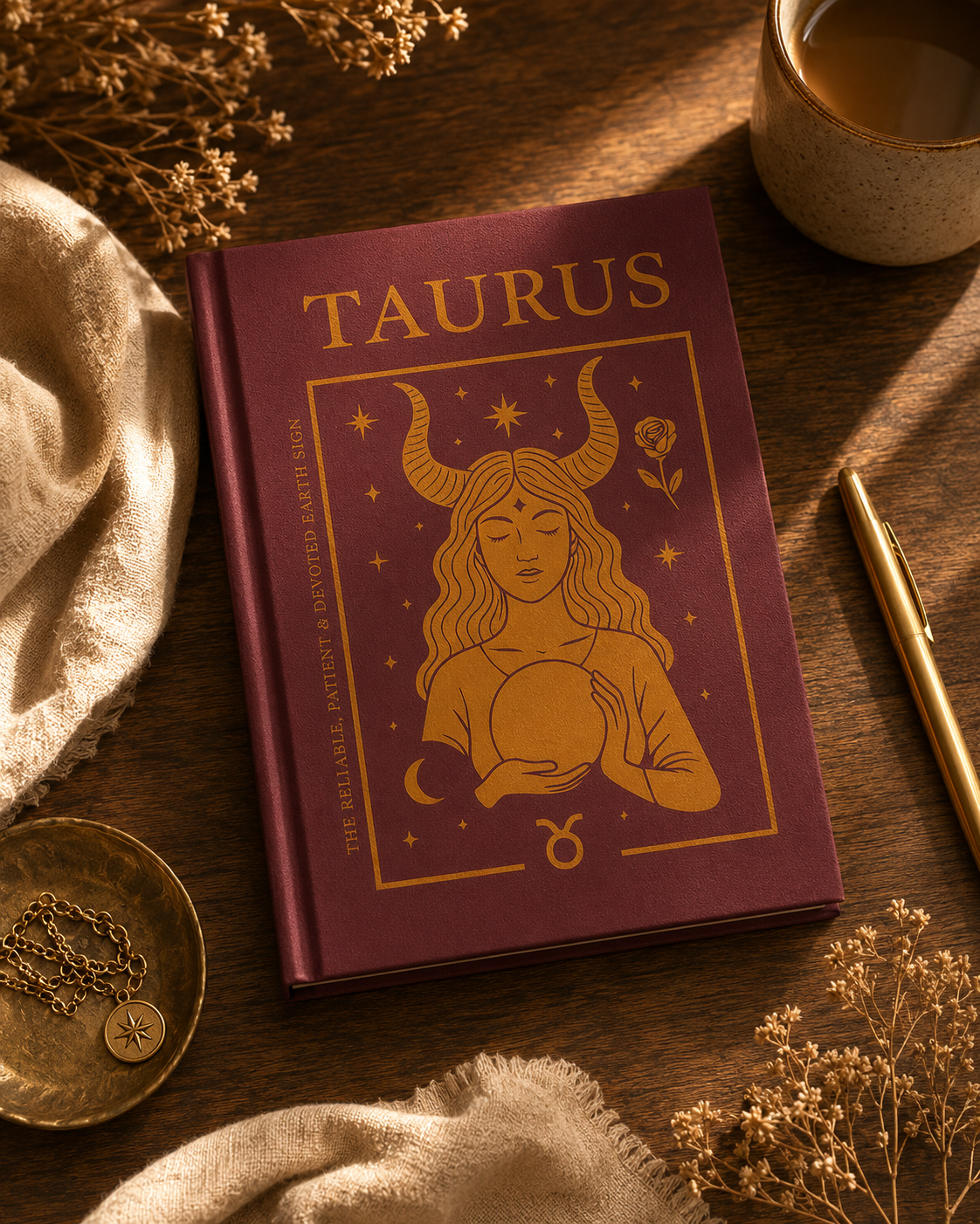 Book titled 'Taurus' on a wooden surface with decorative elements.