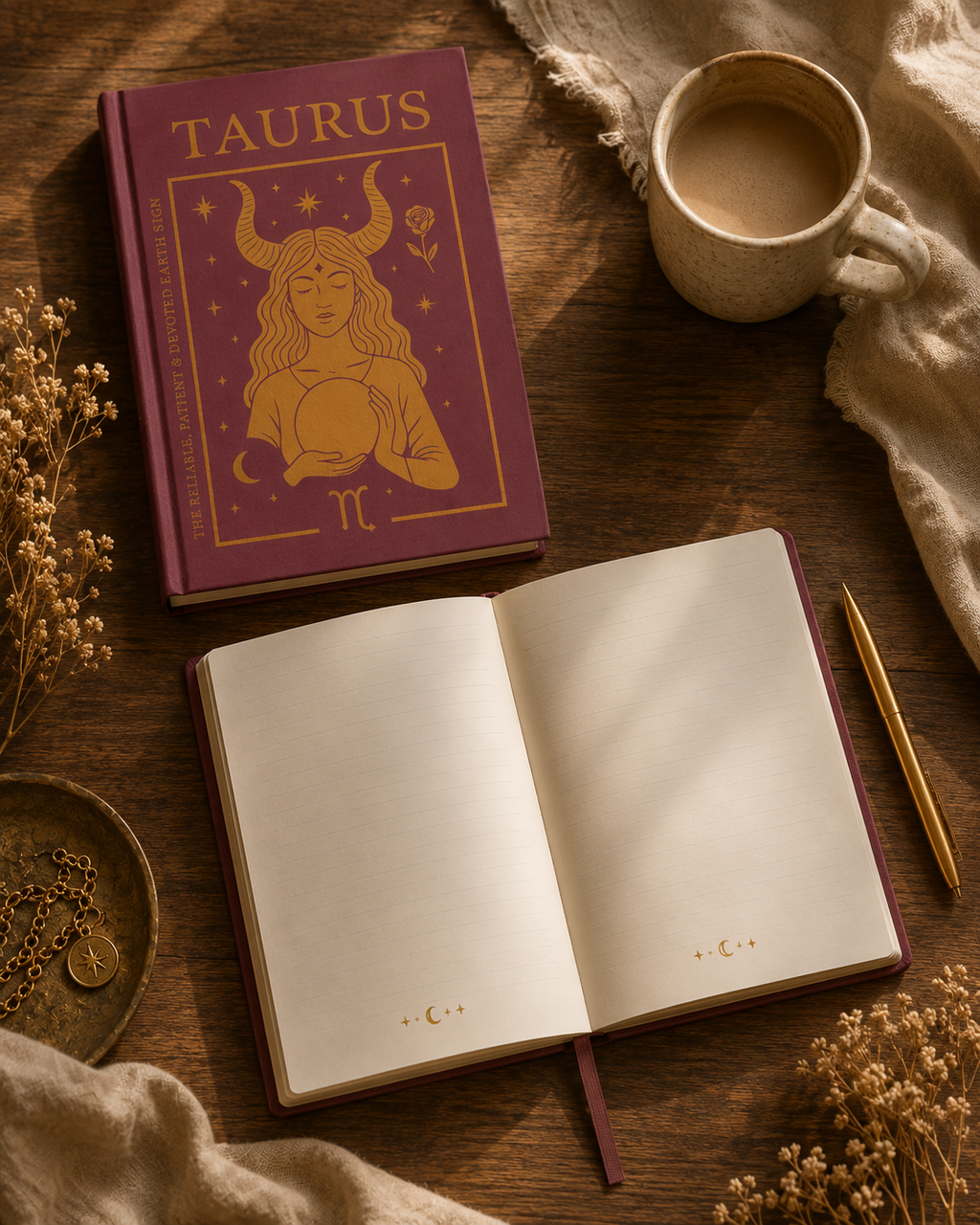 Open notebook with Taurus design, mug, and dried flowers on a wooden surface