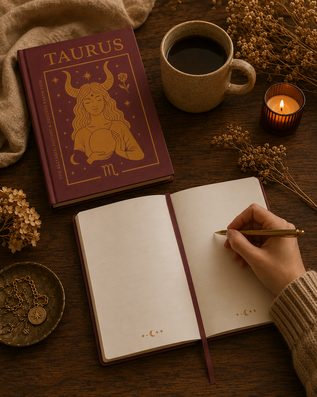 Open notebook with a pen, Taurus book, and cup of coffee on a wooden surface.