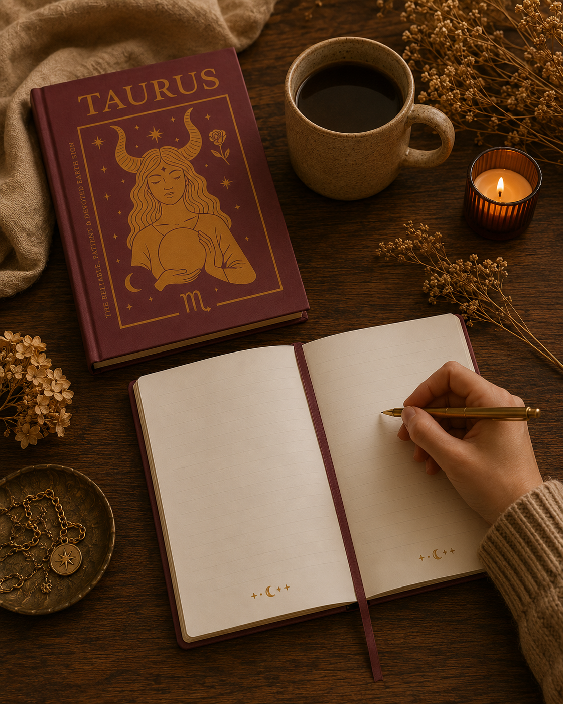 Open notebook with a pen, Taurus book, and cup of coffee on a wooden surface.