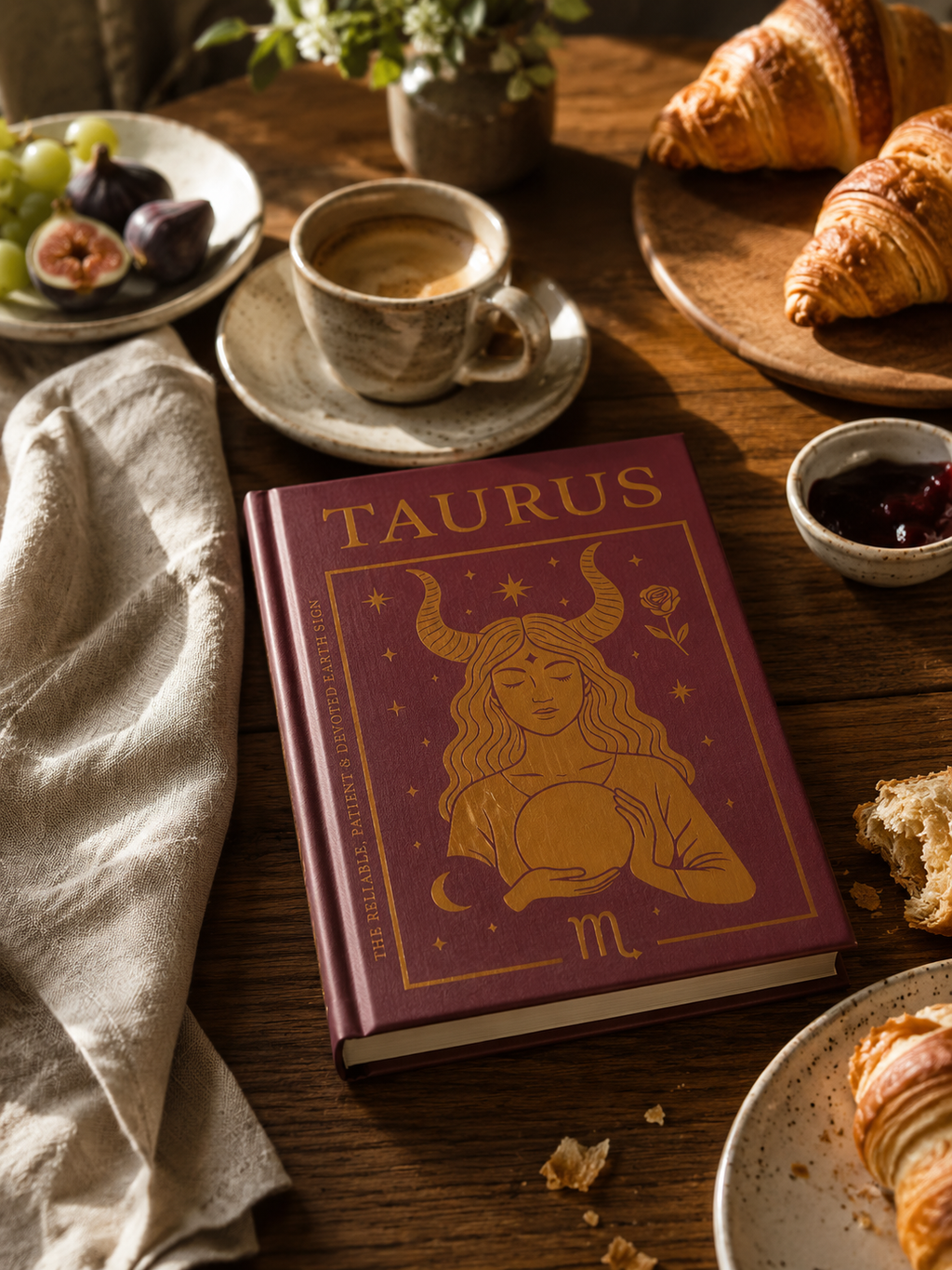 Book titled 'Taurus' on a wooden table with coffee, pastries, and fruit.